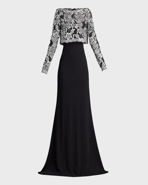 Tadashi Shoji Black A-Line Floral-Embroidered Lace & Crepe Gown