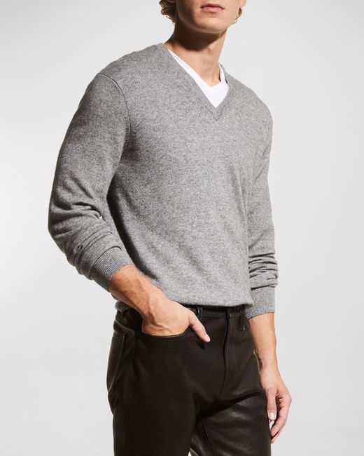 Neiman Marcus Gray Wool-Cashmere Knit V-Neck Sweater for men
