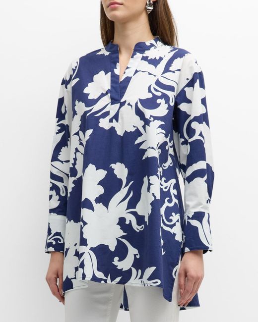 Natori Blue Casablanca Floral-Print High-Low Shirt