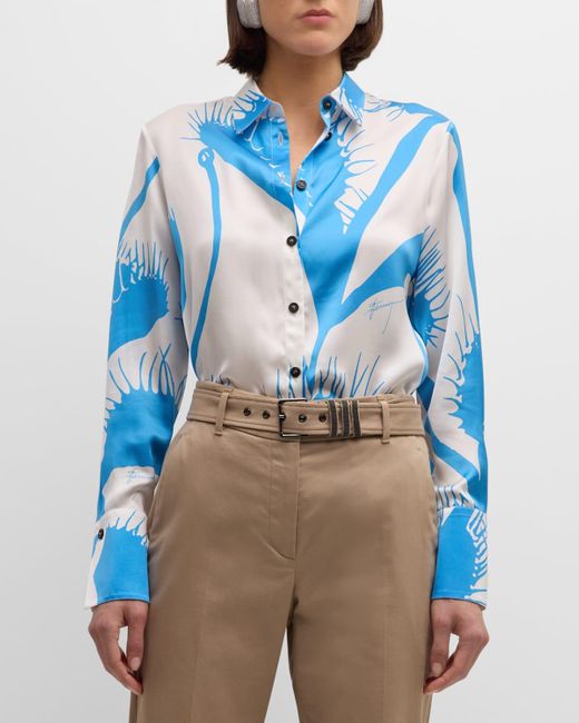 Ferragamo Blue Venus-Print Silk Button-Down Shirt