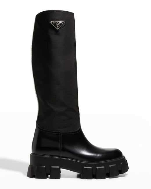 Prada Monolith Nylon Tall Riding Boots in Black | Lyst