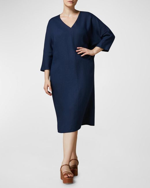Marina Rinaldi Blue Plus Size Edolo Linen Midi Shift Dress