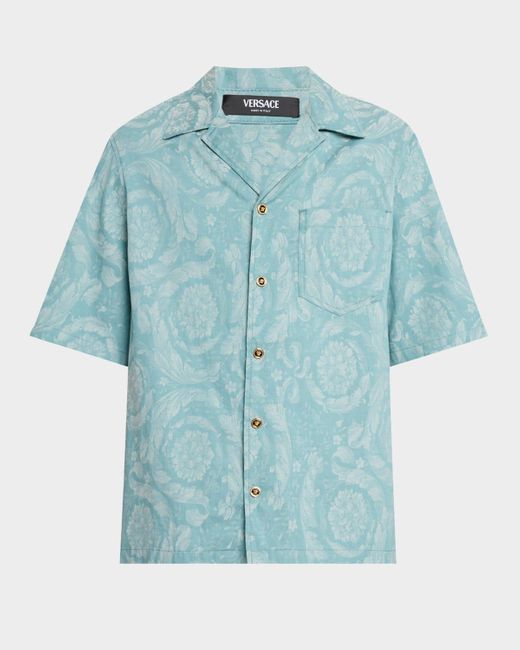 Versace Blue Barocco Denim Camp Shirt for men