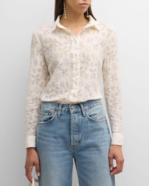 120% Lino Blue Button-down Floral Lace Shirt