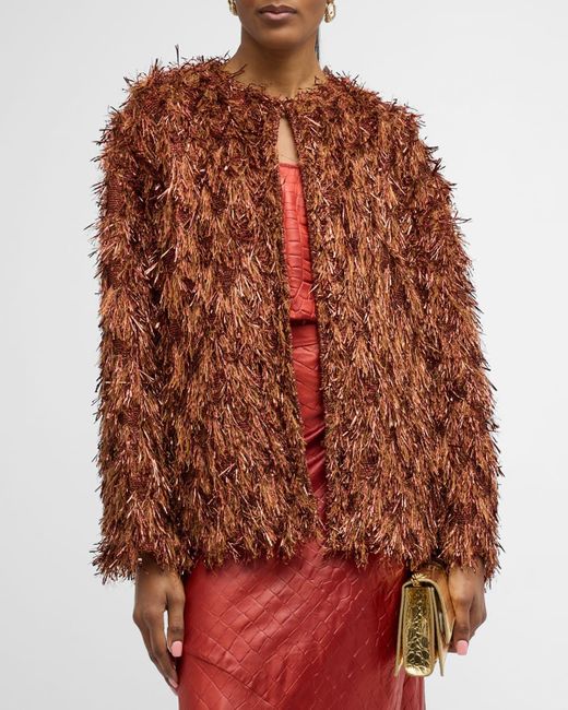 St. John Red Metallic Sequin Faux-fur Fringe Knit Jacket