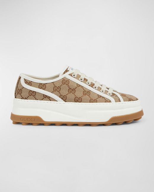 Gucci Women White And Beige Low Top Sneakers With Web Detail In Leather And Gg Supreme Canvas Woman