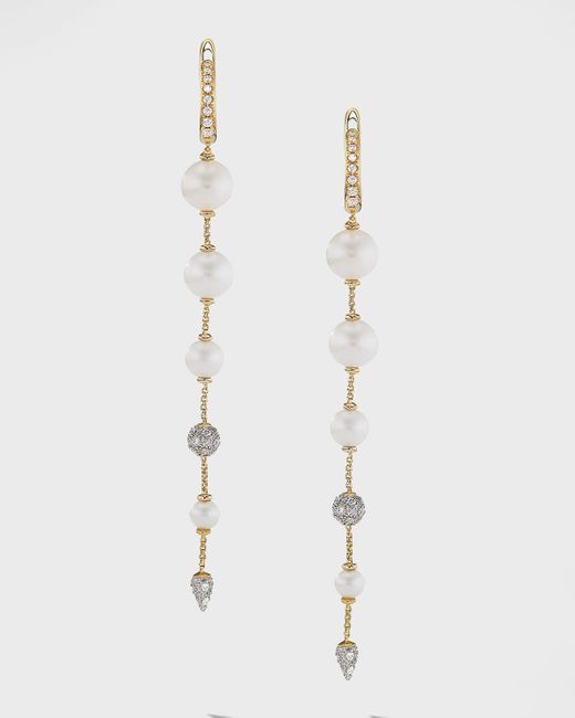 David Yurman White Pearl And Pave Drop Earrings With Diamonds In 18k Gold, 8mm, 3.1"l