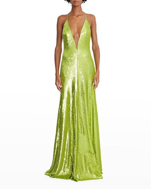 Halston Kiara Sequined V Neck Gown in Green | Lyst