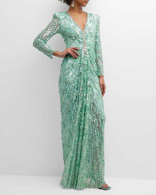 Jenny Packham Gazelle Embellished Strong-shoulder Long-sleeve Gown in Green  | Lyst