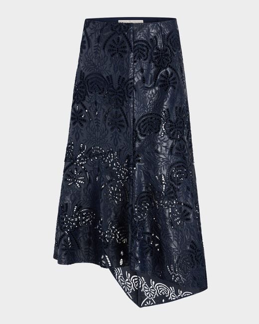 Marie Oliver Blue Casey Embroidered Cutout Asymmetric Midi Skirt