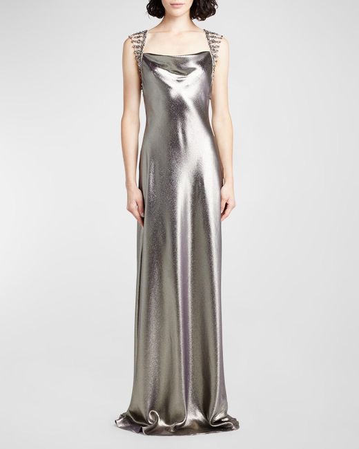 Alberta Ferretti White Crystal Open-back Metallic Satin Sleeveless Gown