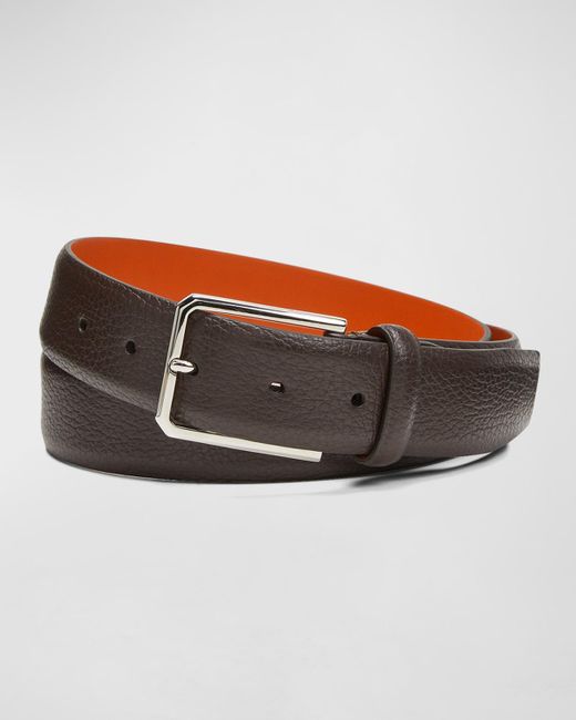 Santoni Brown Rectangle Buckle Grained Leather Belt for men