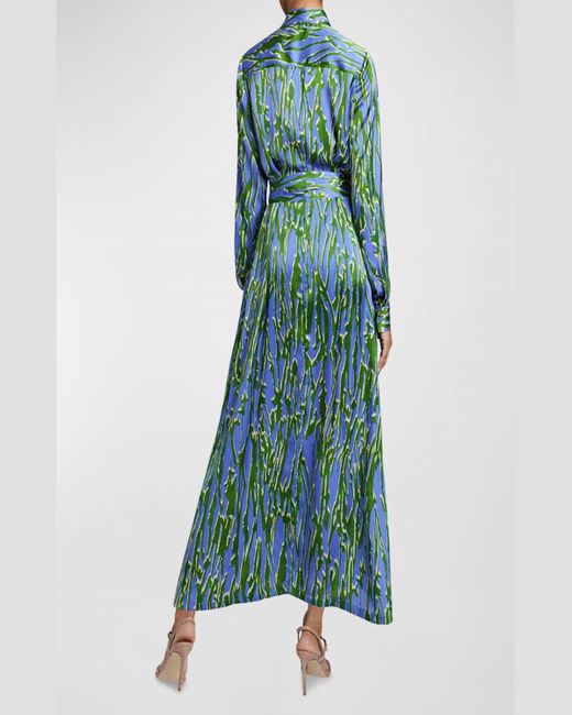 Santorelli Green Zara Abstract-Print Charmeuse Maxi Shirtdress