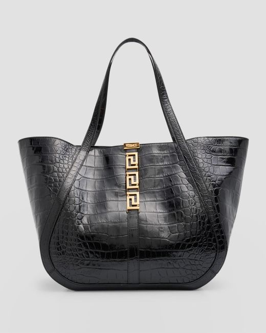 Versace Black Greca Goddess Large Croc-embossed Tote Bag