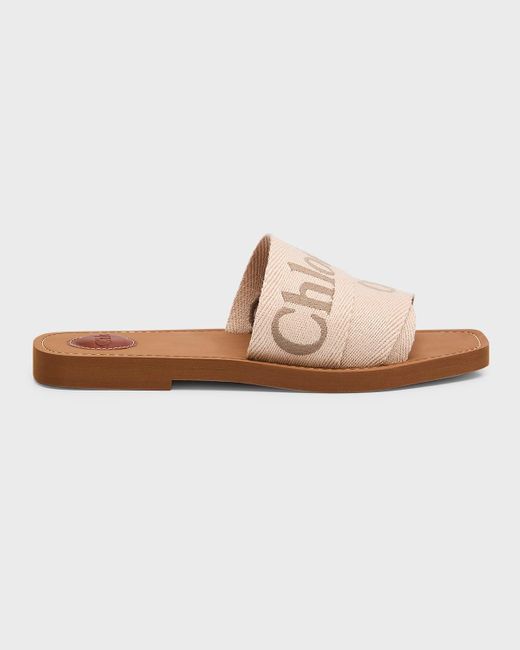 Chloé White Woody Embroidered Logo Flat Sandals