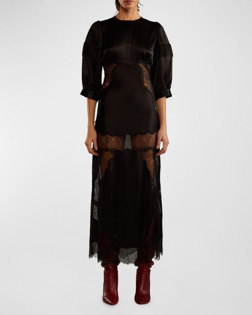 Cynthia Rowley Black Blouson-Sleeve Lace & Silk Charmeuse Midi Dress