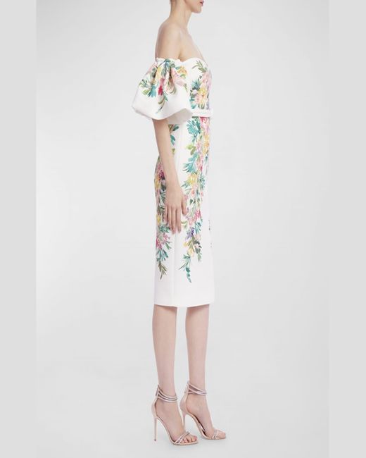 Badgley Mischka White Off-Shoulder Floral-Print Midi Dress