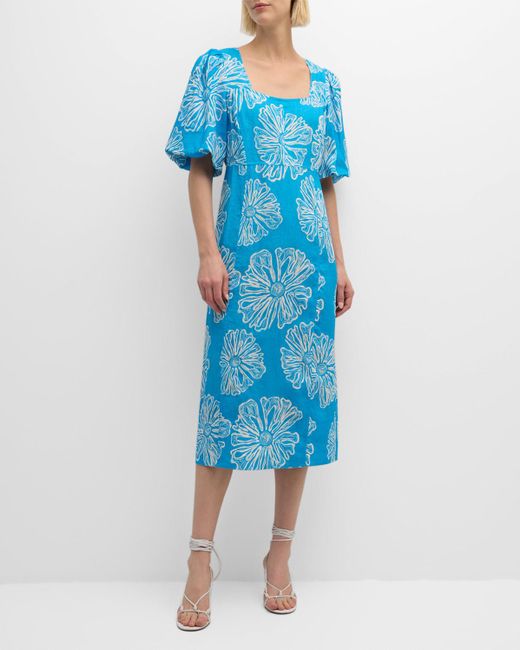 Marie Oliver Blue Melanie Floral-Print Linen Midi Dress
