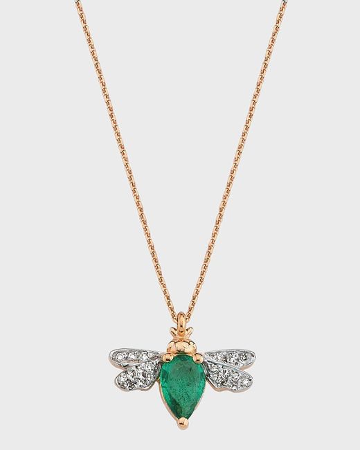 BeeGoddess White 14k Rose Gold Bee Diamond And Emerald Necklace