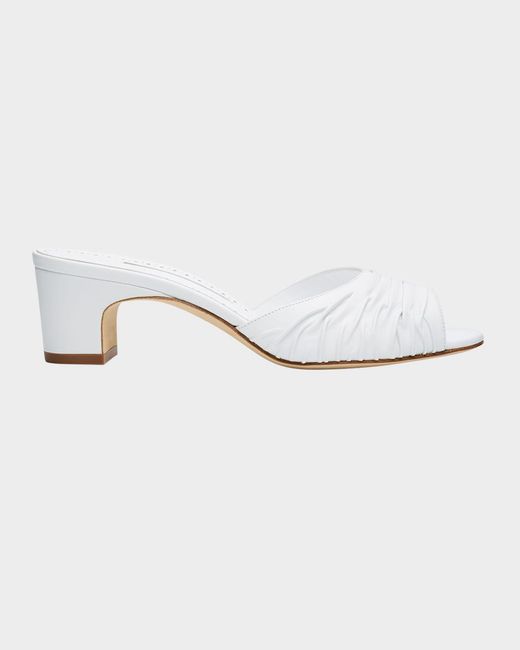 Manolo Blahnik White Ruched Leather Slide Sandals
