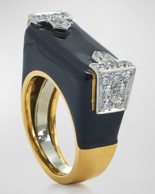 David Webb Blue 18k Black Enamel & Diamond Hero Ring, Size 6.5