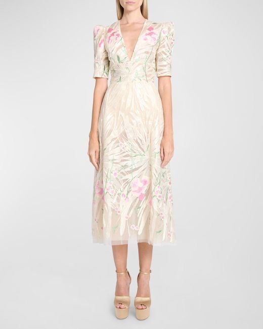 Elie Saab Natural Plunging Floral Embroidered Tulle Short-Sleeve Midi Dress