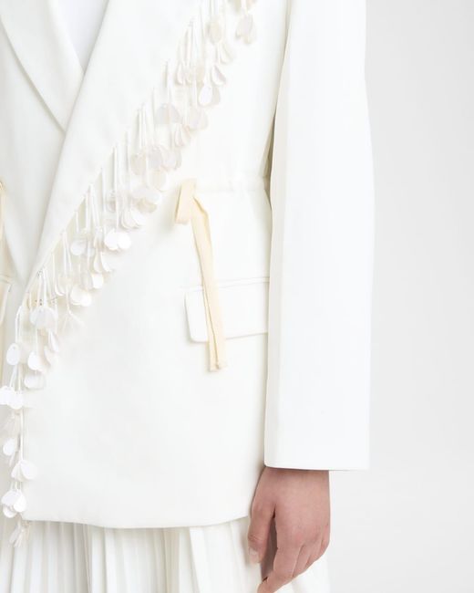 Plan C White Sequin-Fringe Drawstring Double-Breasted Blazer Jacket