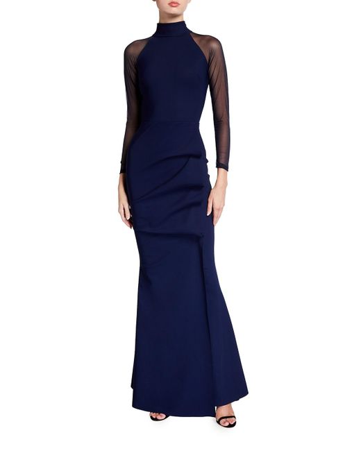 La Petite Robe Di Chiara Boni Blue Maylys Mock-Neck Long-Sleeve Illusion Gown