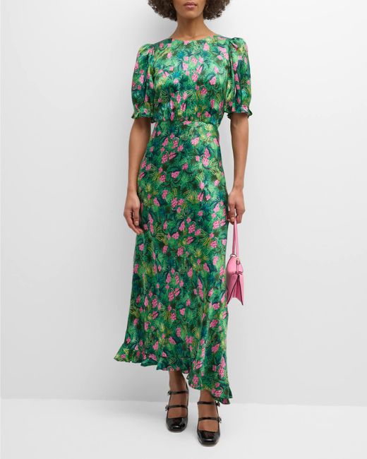 Saloni Green Vida-d Puff-sleeve Floral Silk Midi Dress