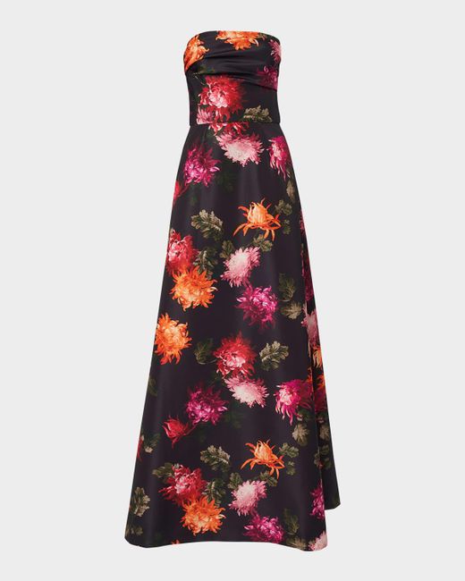 Carolina Herrera Red Floral-Print Strapless A-Line Gown