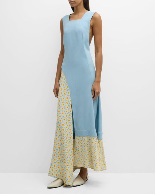 Co. Blue Flower-print Panel Sleeveless Maxi Apron Dress