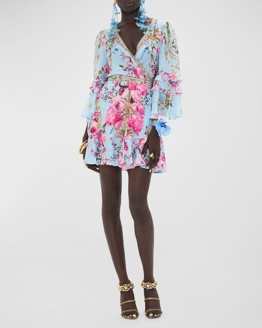 Camilla White Ruffle-Sleeve Floral Silk Mini Wrap Dress
