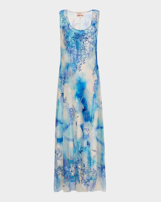 Johnny Was Blue Makani Floral-Embroidered Mesh Midi Dress