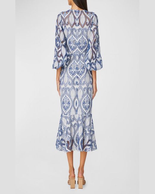 Shoshanna Blue Adelia Embroidered Blouson-Sleeve Midi Dress