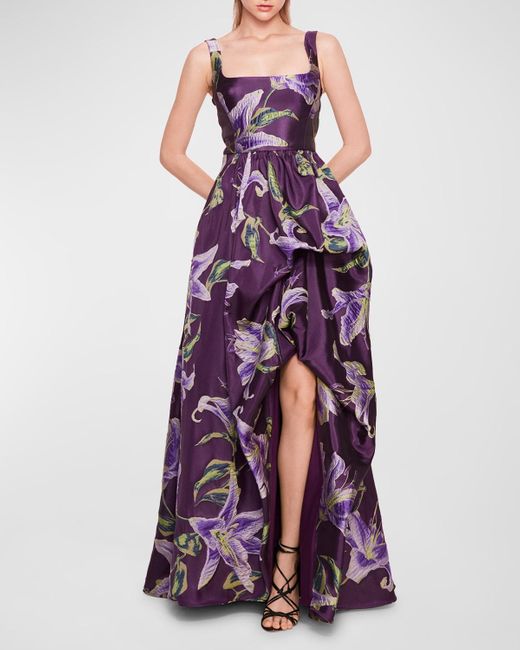 Marchesa Purple Square-Neck High-Low Floral Jacquard Gown