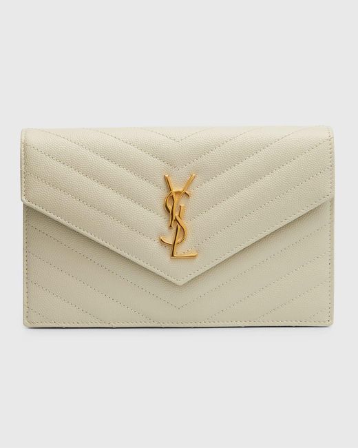 Saint Laurent Natural Ysl Monogram Small Wallet On Chain In Grained Leather