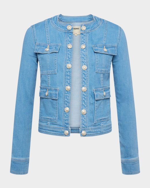 L'Agence Blue Yari Faded Collarless Denim Jacket