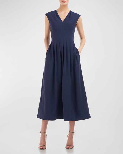 Kay Unger Blue Pleated Cap-Sleeve Midi Dress