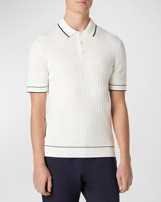 Bugatchi White Cable-Knit Polo Sweater for men