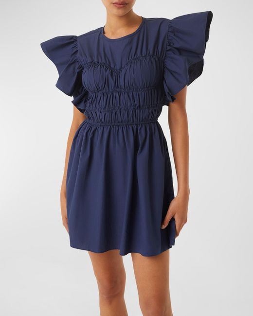 MISA Los Angles Blue Radha Shirred Ruffle-sleeve Poplin Mini Dress