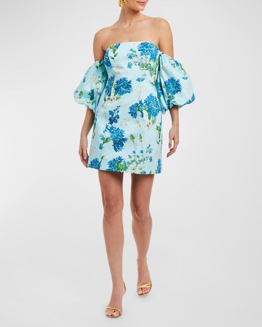 mestiza Blue Arlowe Floral-Print Off-Shoulder Mini Dress