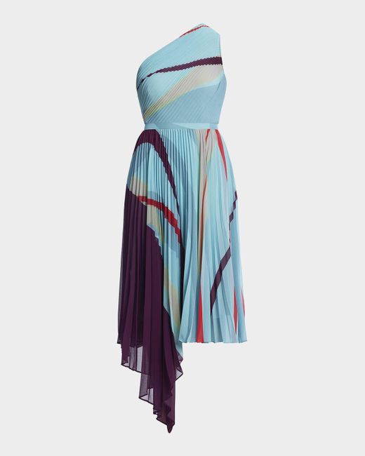 BCBGMAXAZRIA Blue One-Shoulder Abstract-Print Pleated Midi Dress