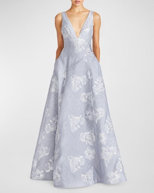 ML Monique Lhuillier Blue Madeline Floral Jacquard Gown