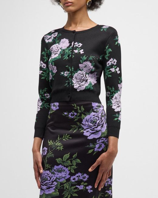 Carolina Herrera Black Floral Silk Knit Crewneck Crop Cardigan