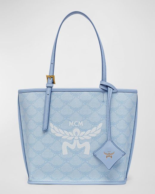 MCM Blue Lauretos Monogram Canvas Shopper Tote Bag