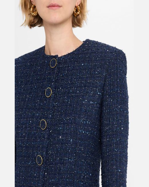 St. John Blue Sequined Micro Check Tweed Long Jacket