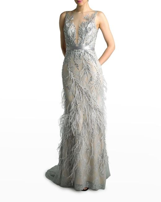 Basix Black Label Gray Feathered Lace Deep V-neck Gown