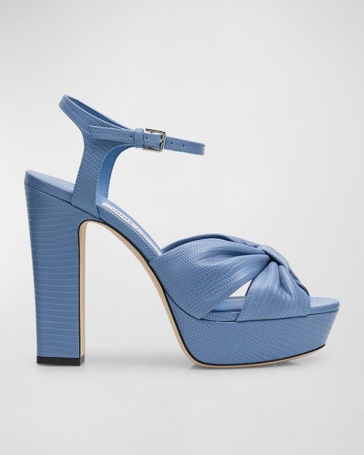 Jimmy Choo Blue Heloise Embossed Ankle-Strap Platform Sandals