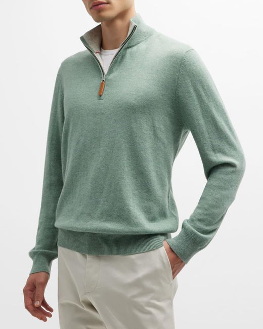 Neiman Marcus Green Wool-cashmere 1/4-zip Sweater for men