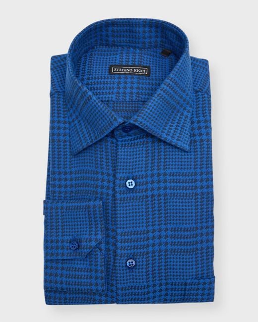 Stefano Ricci Blue Prince Of Wales Cotton Sport Shirt for men